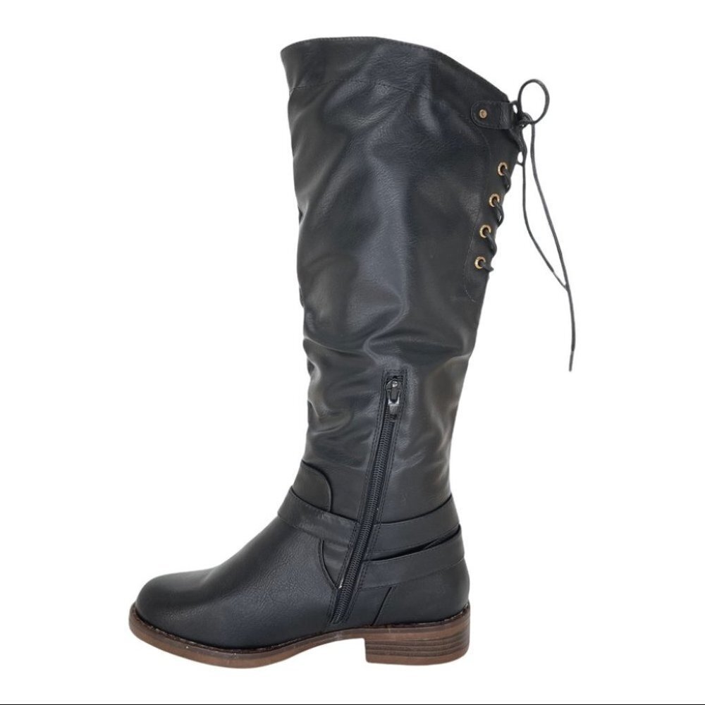 XOXO Montclair Black Faux Leather Tie Back Womens Knee High Boots Size 6M - Picture 3 of 16